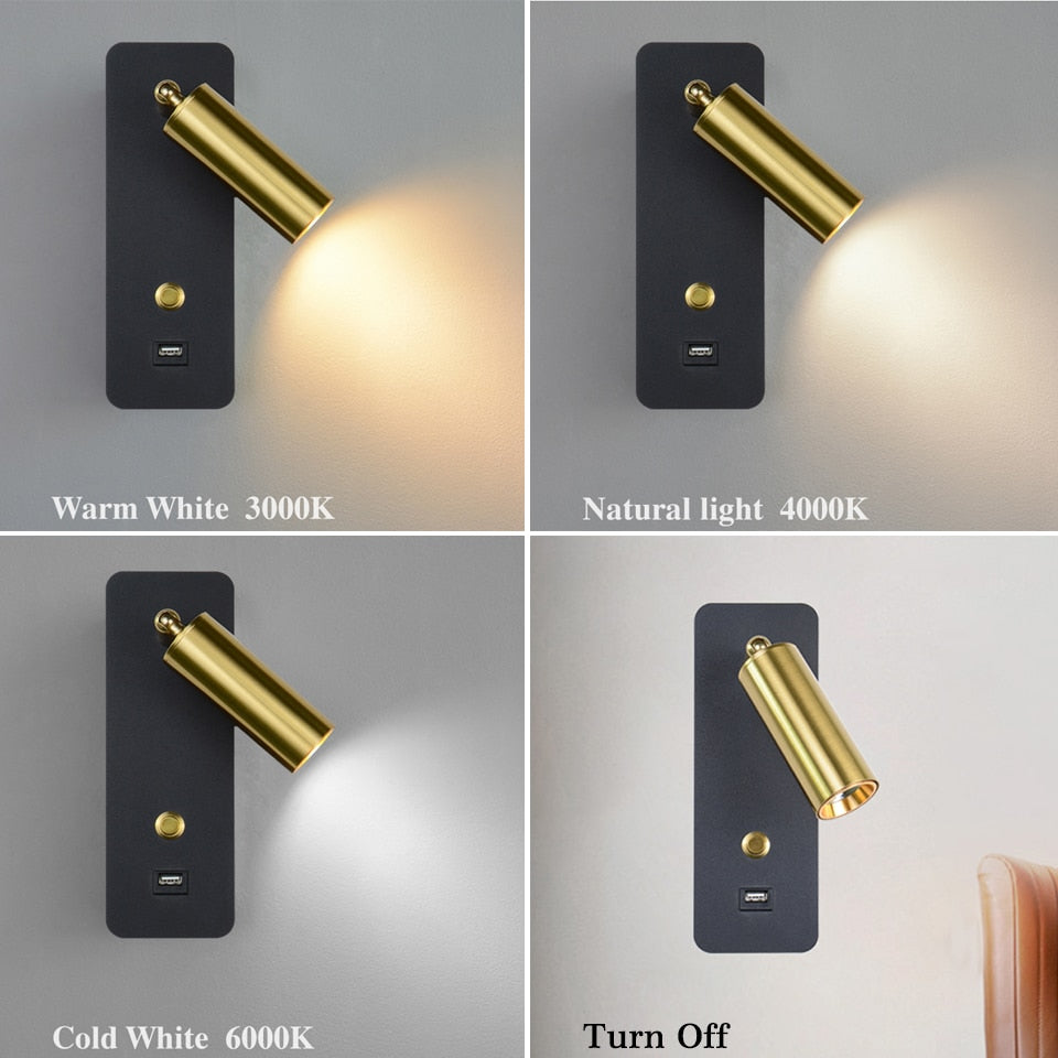 LED Bedside Wall Light with USB Charging and Switch